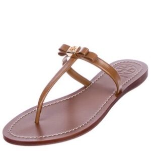 TORY BURCH Leighanne Tan Flat Thong Patent Saffiano Leather Sandals Women’s  9.5